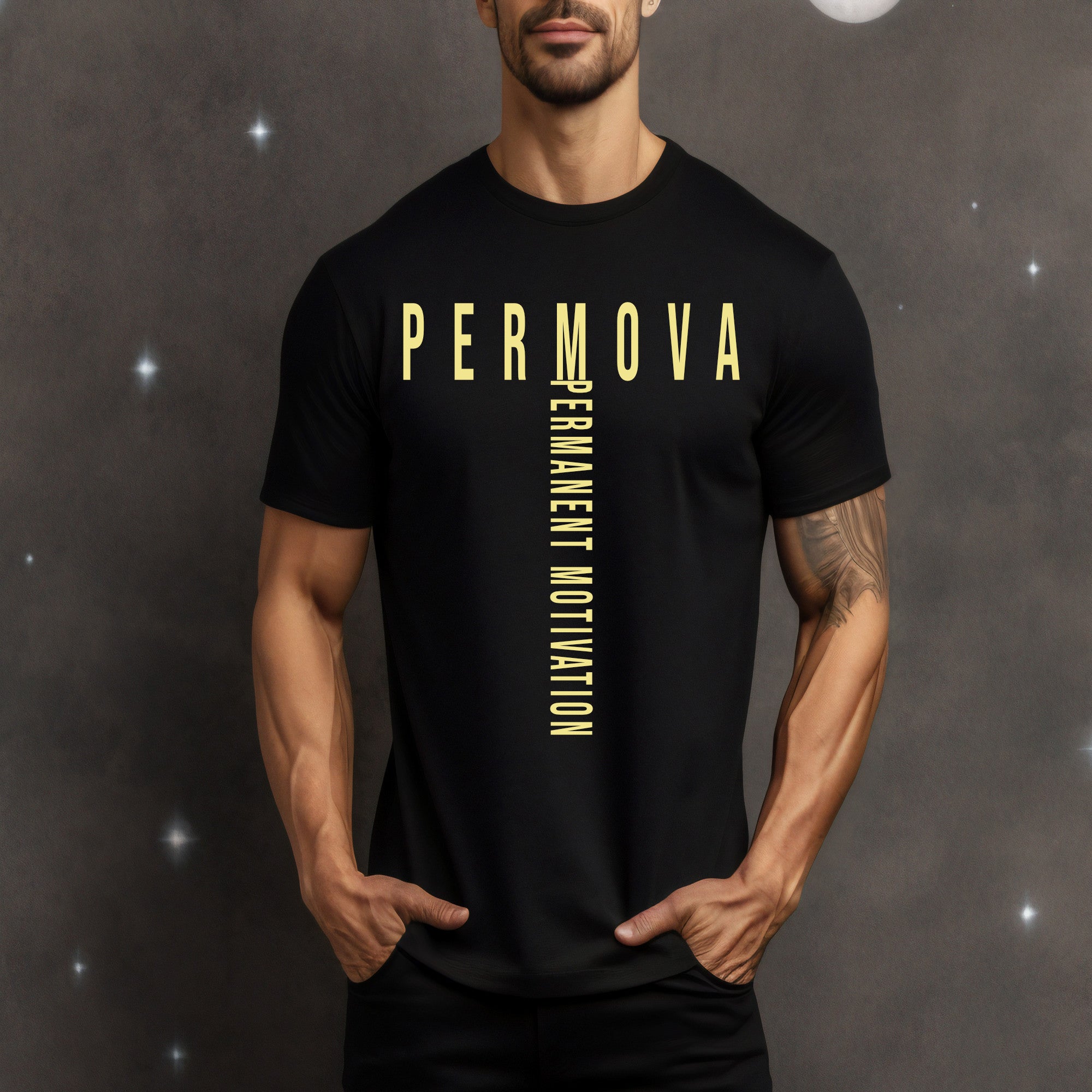 PERMOVA Vertical Logo Tee - Minimalist Permanent Motivation Graphic T-Shirt