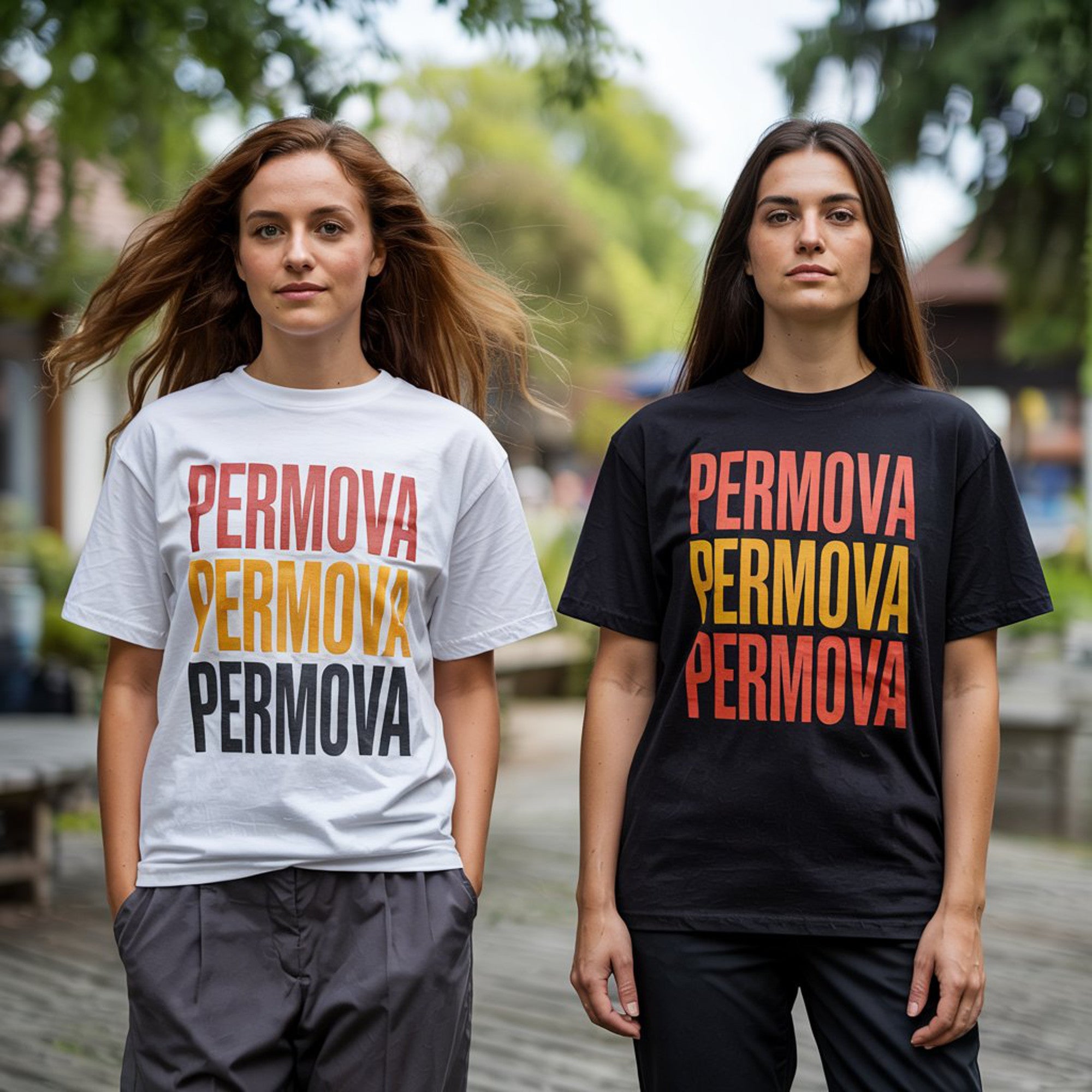 Two women wearing PERMOVA Retro Stack typography tees