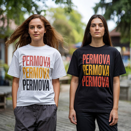 Two women wearing PERMOVA Retro Stack typography tees