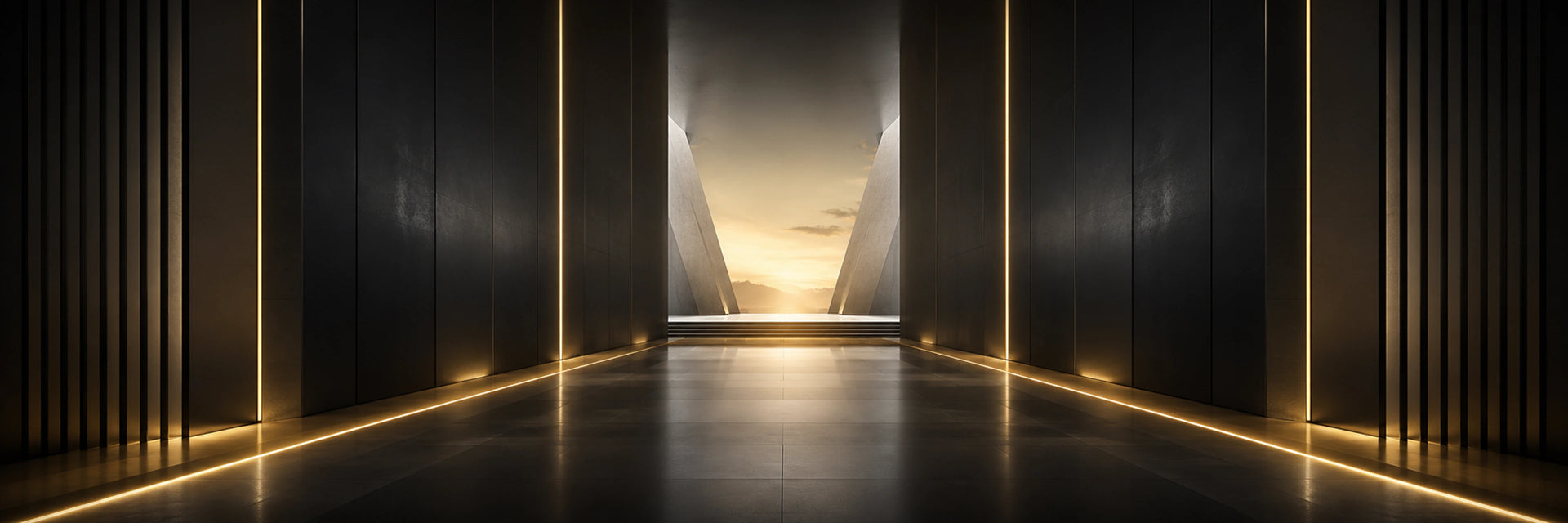 Graphite architectural corridor with a gold path representing forward momentum